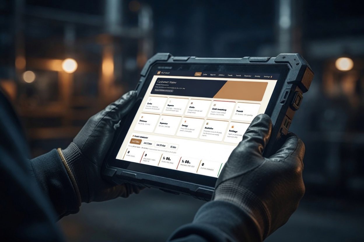 Rugged industrial tablet running Praevalis, held by a worker in gloves